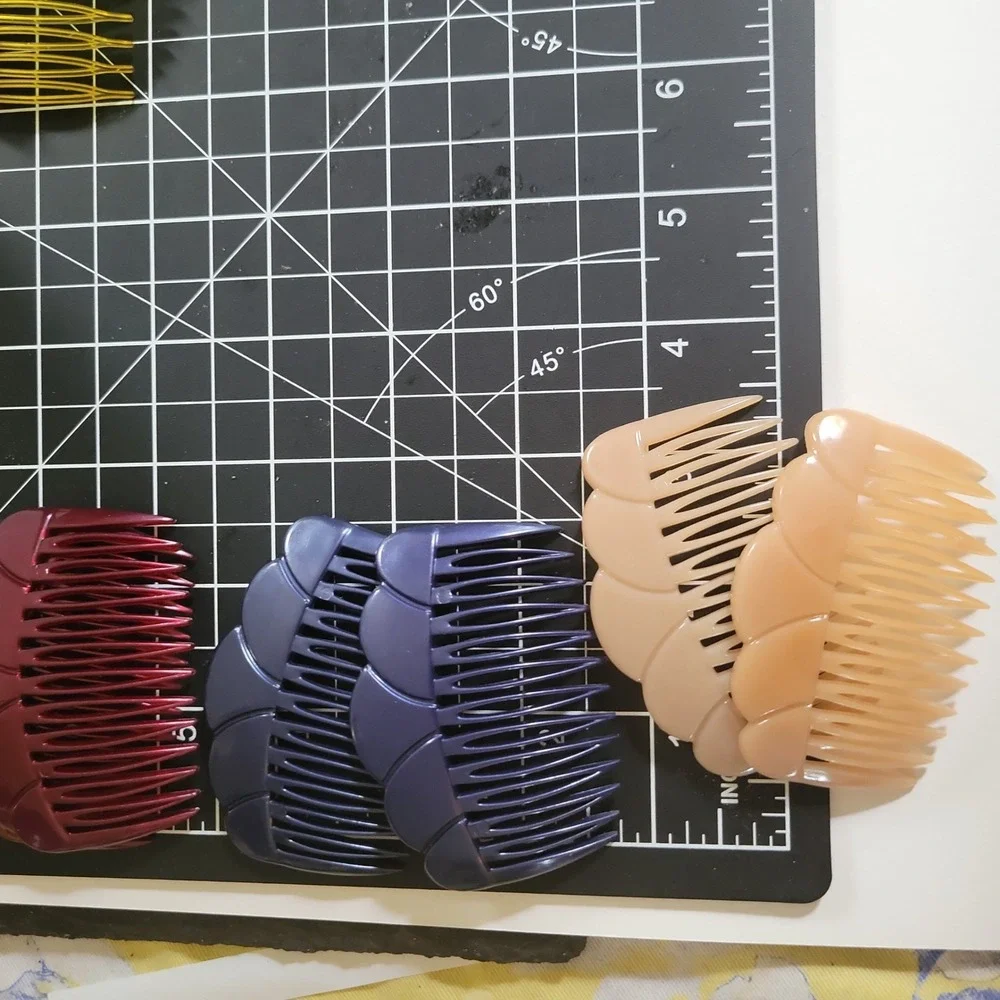 Depose French Hair Side Combs Set of 6 Scalloped‎ Plastic Burgandy Blue Tan